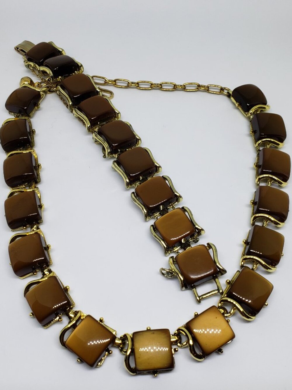 Vintage Signed CORO Pegasus Root Beer Lucite and Gold Necklace and Bracelet